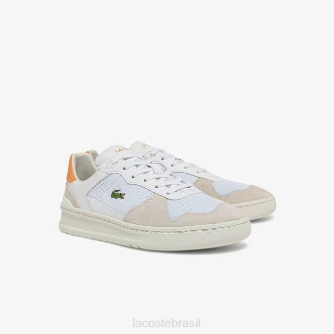 Lacoste mulheres tênis perf-shot em camurça e tecido branco/laranja P2PX2750 sapato