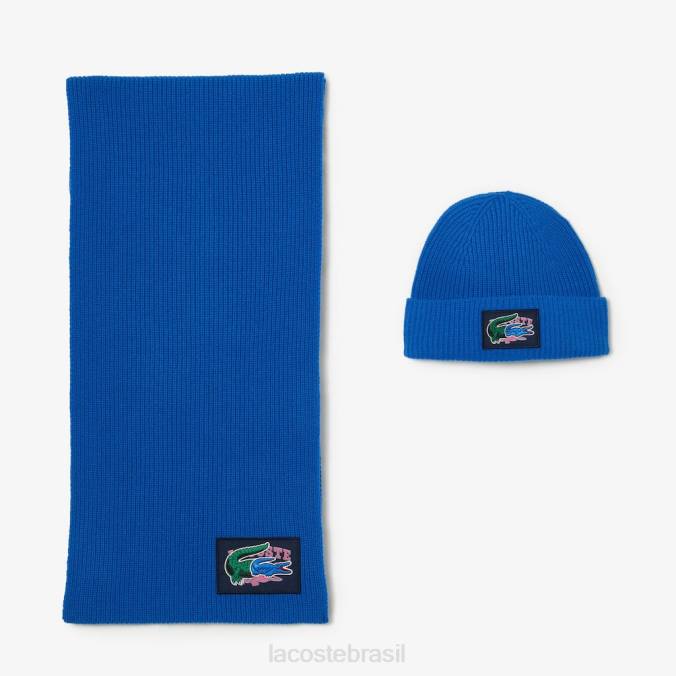Lacoste unissex conjunto de presente com gorro e cachecol de lã canelada azul P2PX1689 acessórios