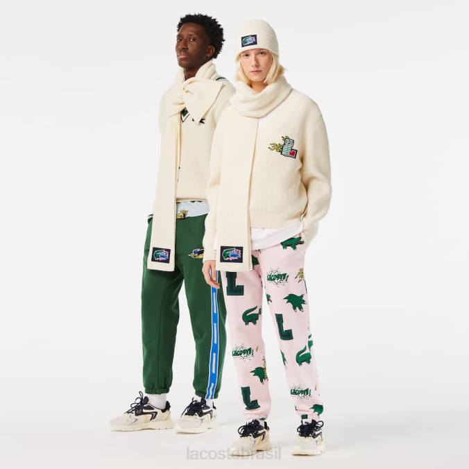 Lacoste unissex conjunto de presente com gorro e cachecol de lã canelada branco P2PX1690 acessórios