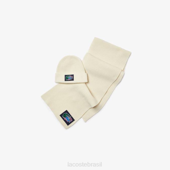 Lacoste unissex conjunto de presente com gorro e cachecol de lã canelada branco P2PX1690 acessórios