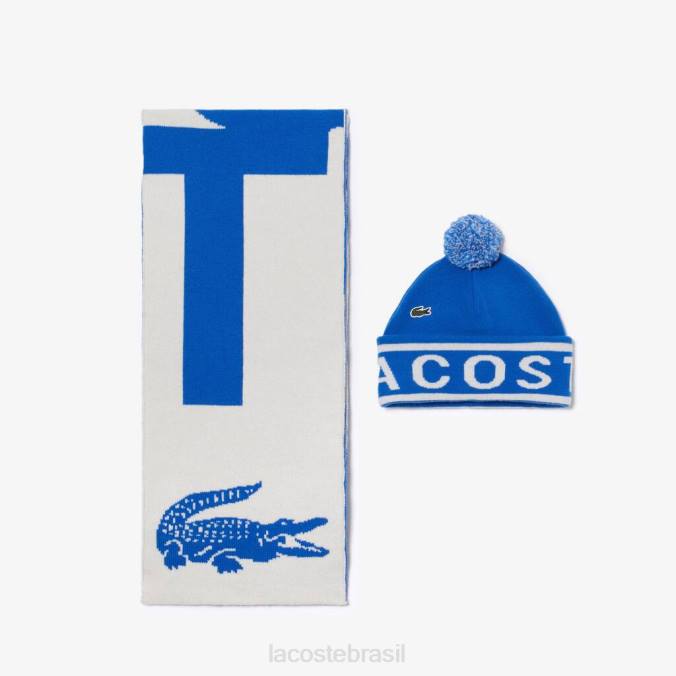 Lacoste unissex conjunto de presente com gorro e cachecol em malha jacquard Branco azulado P2PX2296 acessórios