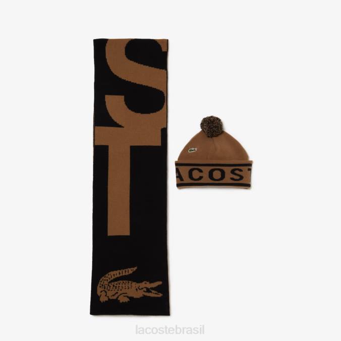 Lacoste unissex conjunto de presente com gorro e cachecol em malha jacquard marrom preto P2PX2297 acessórios