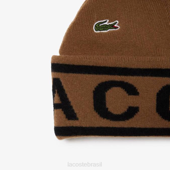 Lacoste unissex conjunto de presente com gorro e cachecol em malha jacquard marrom preto P2PX2297 acessórios