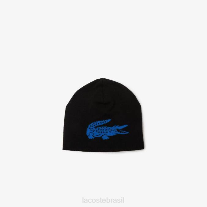 Lacoste unissex gorro reversível de crocodilo contrastante Preto Azul P2PX2345 acessórios