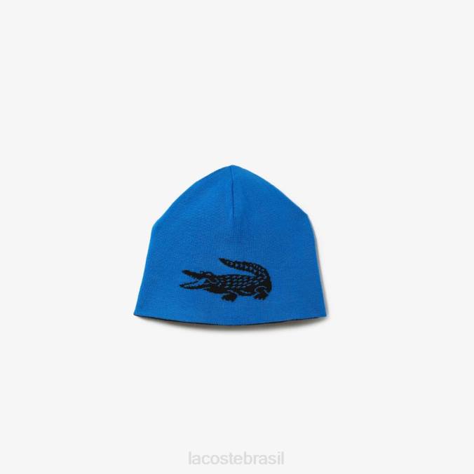 Lacoste unissex gorro reversível de crocodilo contrastante Preto Azul P2PX2345 acessórios