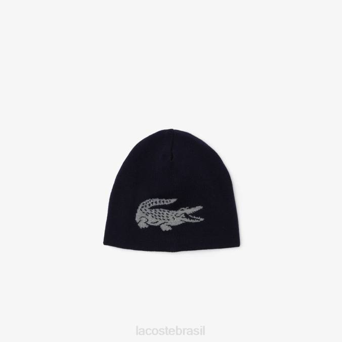 Lacoste unissex gorro reversível de crocodilo contrastante chine azul marinho/cinza P2PX2346 acessórios
