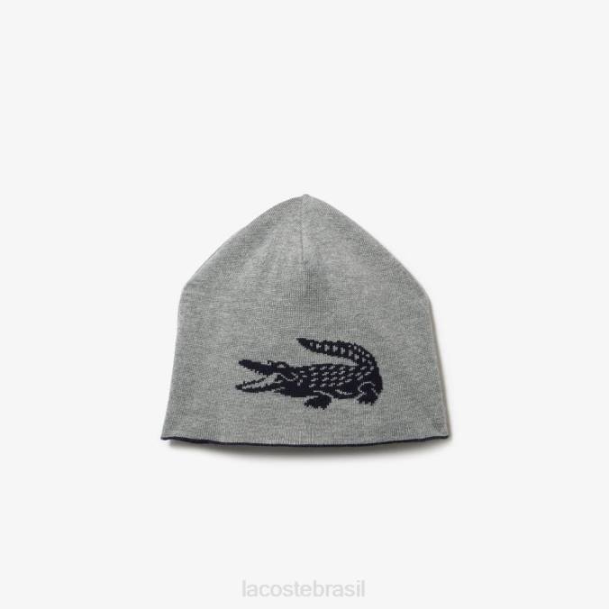 Lacoste unissex gorro reversível de crocodilo contrastante chine azul marinho/cinza P2PX2346 acessórios