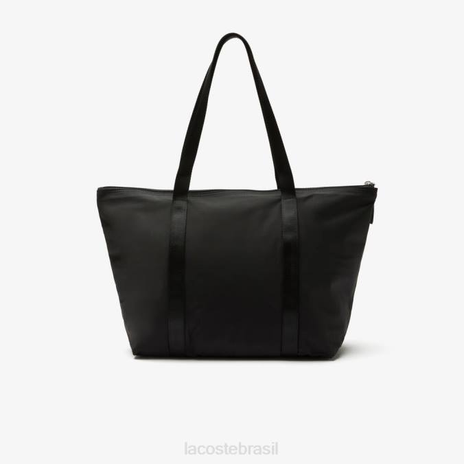 Lacoste unissex bolsa de compras de lona com alças listradas grandes izzie noir vert fluo P2PX2822 bolsas e artigos de couro