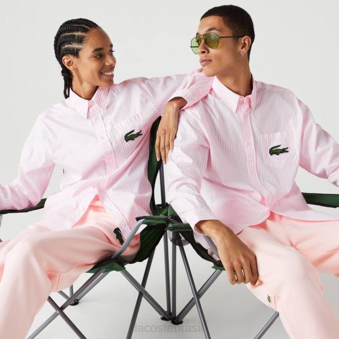 Lacoste unissex camisa grande de algodão crocodilo com ajuste relaxado branco/rosa claro P2PX412 roupas