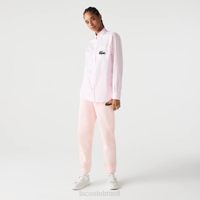 Lacoste unissex camisa grande de algodão crocodilo com ajuste relaxado branco/rosa claro P2PX412 roupas