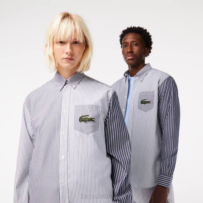 Lacoste unissex camisa grande de algodão listrada de crocodilo branco/azul marinho P2PX493 roupas