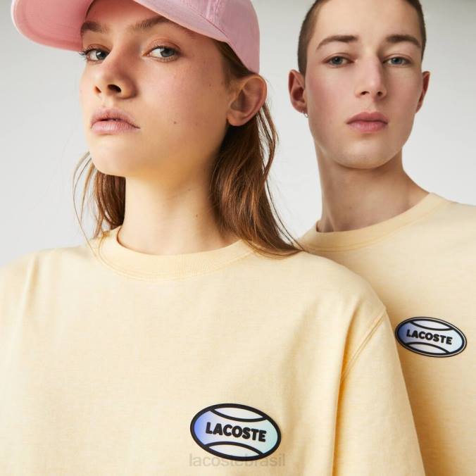 Lacoste unissex camiseta de algodão manchado com corte solto e pacote de verão ao vivo amarelo P2PX936 roupas