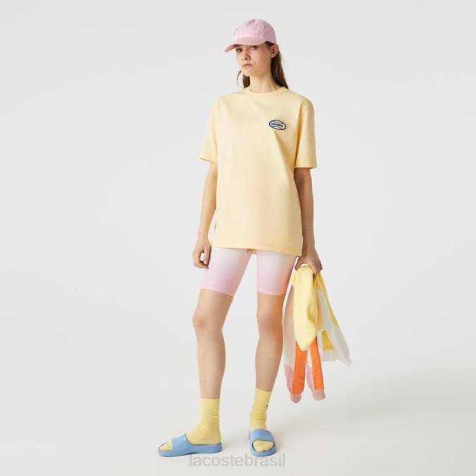 Lacoste unissex camiseta de algodão manchado com corte solto e pacote de verão ao vivo amarelo P2PX936 roupas