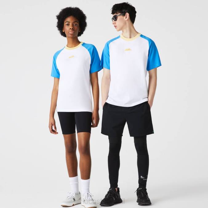 Lacoste unissex camiseta de algodão vivo branco/azul/amarelo P2PX941 roupas