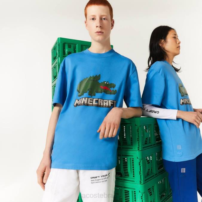 Lacoste x Minecraft unissex camiseta estampada de algodão orgânico azul P2PX881 roupas