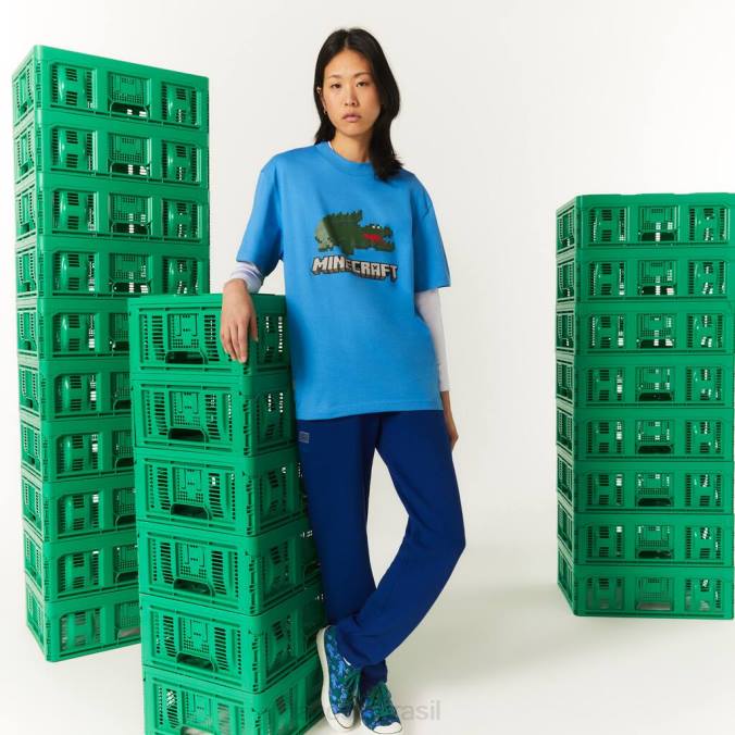 Lacoste x Minecraft unissex camiseta estampada de algodão orgânico azul P2PX881 roupas