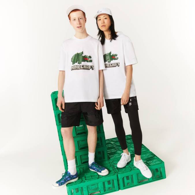Lacoste x Minecraft unissex camiseta estampada de algodão orgânico branco P2PX880 roupas
