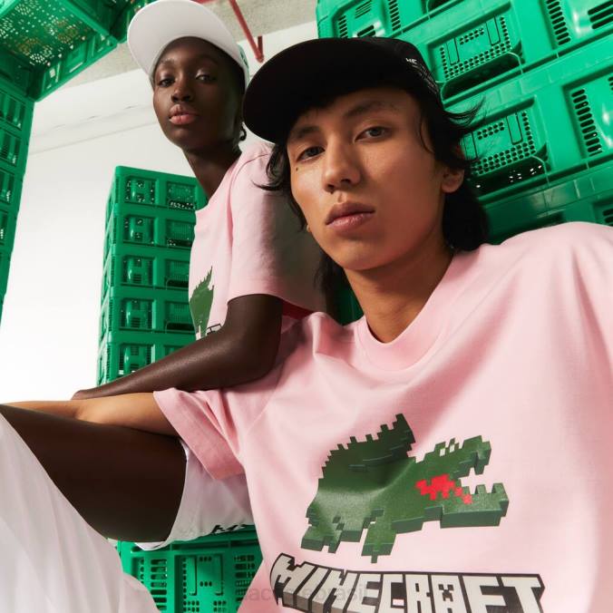 Lacoste x Minecraft unissex camiseta estampada de algodão orgânico rosa P2PX879 roupas