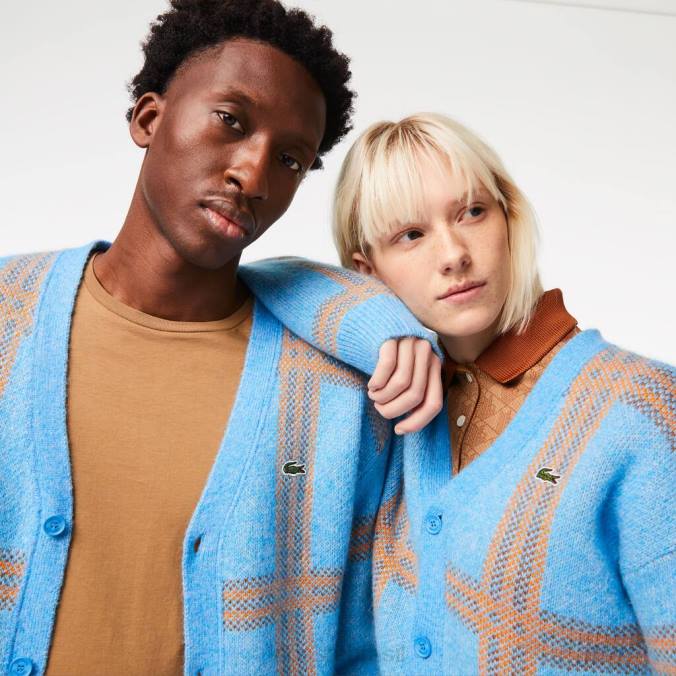 Lacoste unissex cardigan de lã com padrão tartan azul/laranja/marrom P2PX1394 roupas