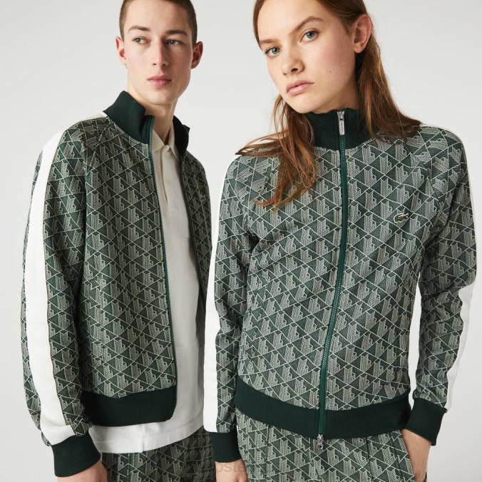 Lacoste unissex jaqueta jacquard com zíper e estampa monograma vivo verde/bege P2PX1188 roupas