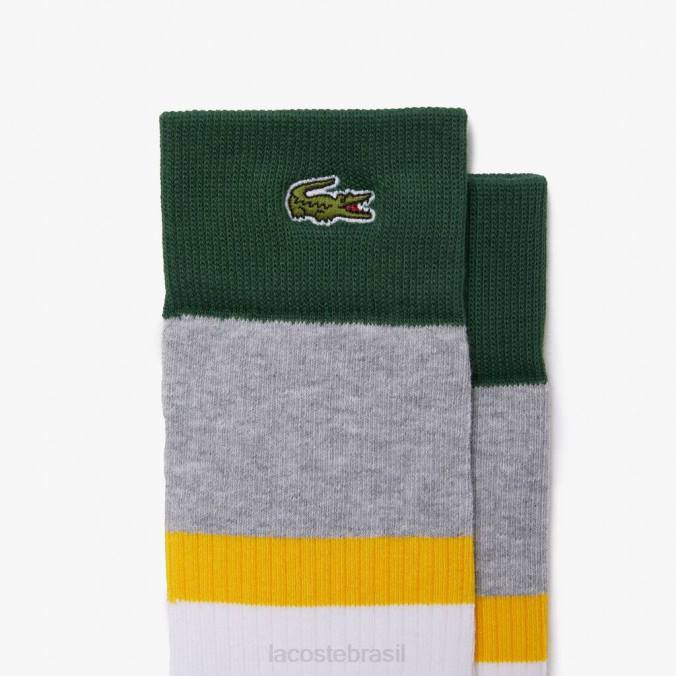 Lacoste unissex pacote de três meias de algodão com nervuras de corte alto chine branco/cinza/amarelo/verde P2PX1686 roupas