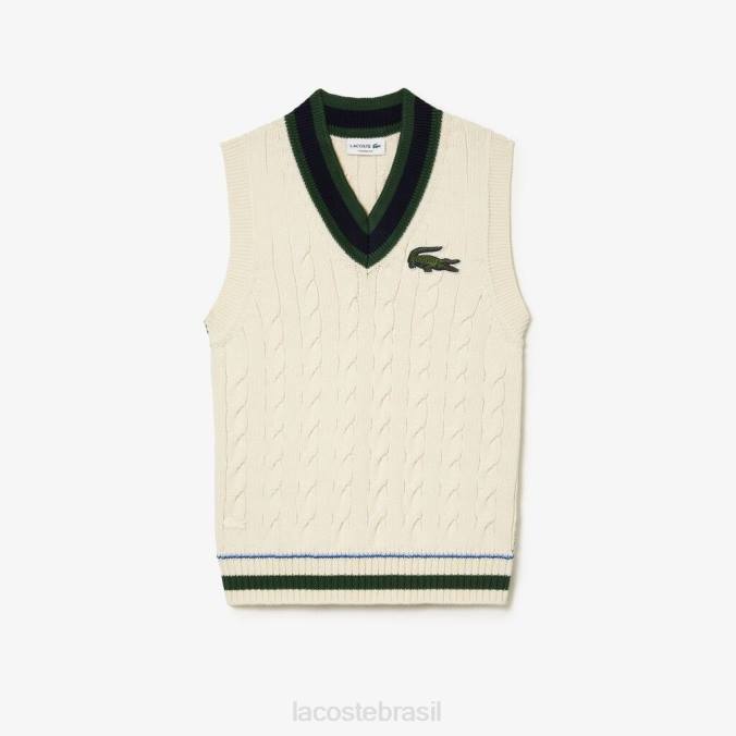 Lacoste unissex colete suéter tricotado em algodão orgânico branco P2PX504 roupas
