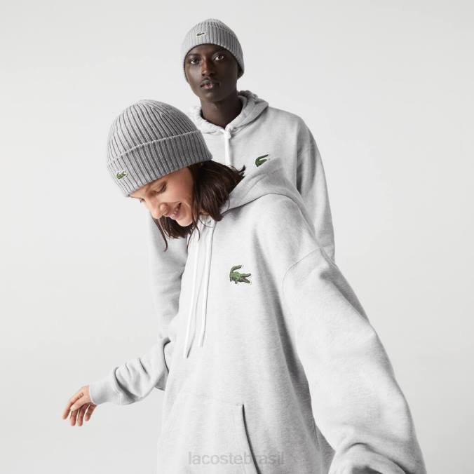 Lacoste unissex moletom de algodão orgânico com capuz e modelagem solta chino cinza P2PX368 roupas