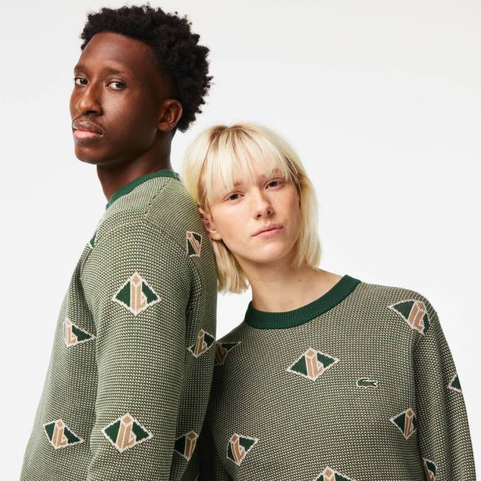 Lacoste unissex suéter clássico com padrão monograma verde/bege/branco P2PX1504 roupas